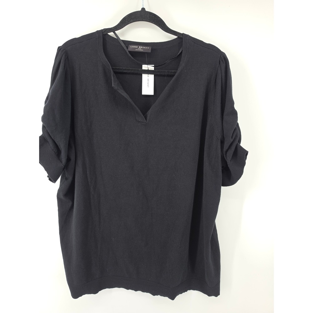 Lane Bryant Black Split V-Neck Ruched Short Sleeve Knit Sweater Top 18/20 NWT